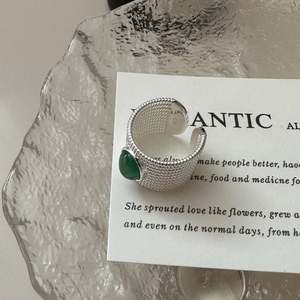 S925 sterling silver open ring featuring green agate gemstone and woven mesh texture