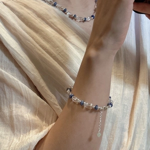 Ensemble collier et bracelet en argent S925 avec cristaux bleus et pendentif cœur