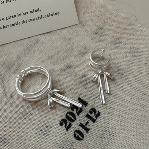 S925 Sterlingsilber Schleife Mehrlagiger Ring Quaste Ohrmanschette Koreanischer Ins-Stil Eleganter Minimalistischer Schmuck Damen