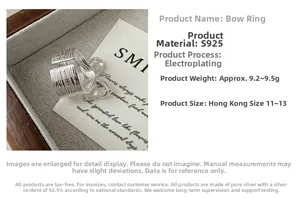 Macro detail of textured S925 sterling silver bow ring with product specifications