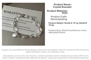 Detail of S925 sterling silver crystal bracelet with clear beads and elastic cord