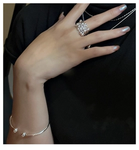 Minimalist S925 sterling silver multilayer ring and ball bracelet set on model