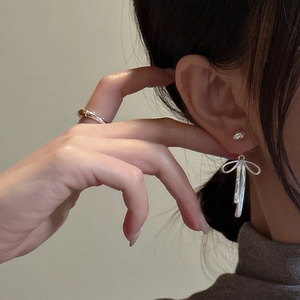 Elegant S925 sterling silver bowknot tassel earrings and minimalist ring set for women
