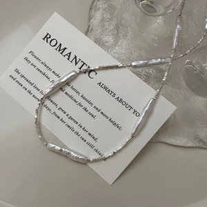 Elegant s925 silver necklace with baroque pearls and tiny silver beads in layered style