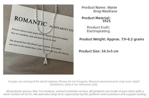 Detailed specs of S925 sterling silver water drop necklace showing weight and length