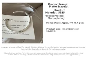 Detail of matte S925 sterling silver open bangle with brushed texture and technical specs