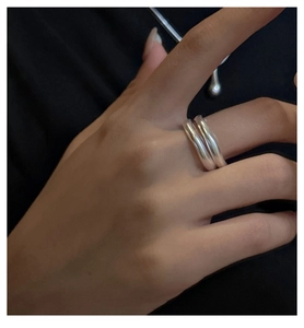 Close-up of minimalist S925 sterling silver ring with polished double-layer winding lines