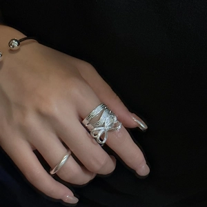 S925 sterling silver multi-layer bow ring featuring a textured ribbon design for women