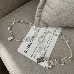 S925 Sterling Silver Artificial Crystal Beaded Bracelet For Women Minimalist Korean Style Inscribed Tag Elastic Jewelry