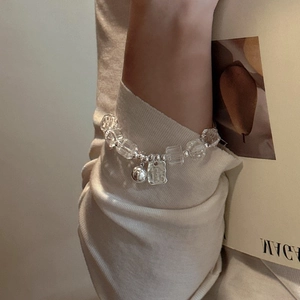 Elegant S925 sterling silver white crystal beaded bracelet with metallic charms