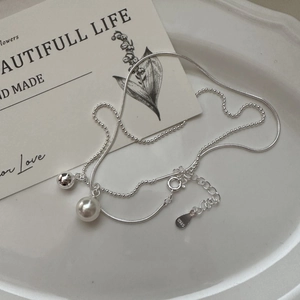 Minimalist 925 Sterling Silver Necklace With Round Artificial Pearl And Metal Ball Double Layer Chain For Women Elegant Jewelry