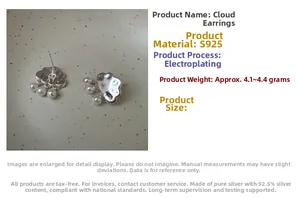 Detailed specs of S925 sterling silver cloud earrings with three pearls and 4.4g weight