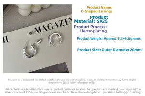 Detail view of S925 sterling silver C-shaped earrings with 20mm outer diameter size