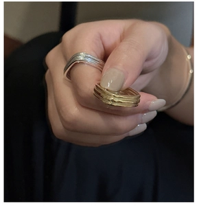 Detail of multi-layer S925 sterling silver square rings in gold and silver finishes