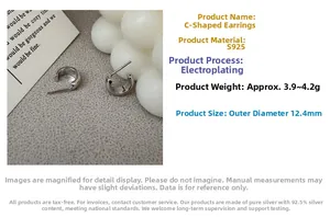 Detailed view of S925 sterling silver C-shaped earrings with 12.4mm outer diameter