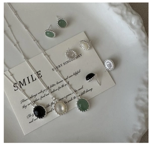 S925 Silber Vintage Schmuckset mit ovalen Natursteinen in Schwarz, Weiß und Grün