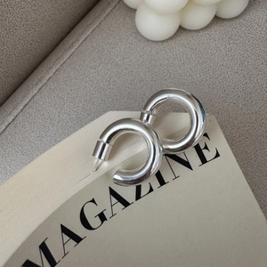 925 Sterling Silver Chunky C-Shape Hoop Earrings For Women Minimalist Polished Glossy Thick Stud Earrings Korean Fashion Jewelry