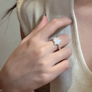 S925 sterling silver star ring with beaded band and sparkling texture for women