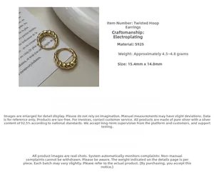 Detailed view of S925 sterling silver twisted earrings showing size 15.4mm by 14.8mm