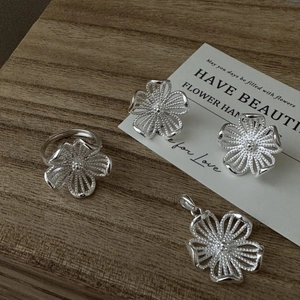 Parure de bijoux fleur vintage en argent S925 avec bague ouverte boucles et pendentif
