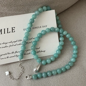 S925 sterling silver mint green beaded necklace and bracelet set with drop pendant