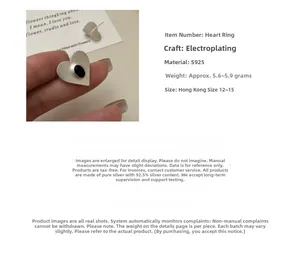 Detailed view of S925 sterling silver heart ring with black gemstone and plating info