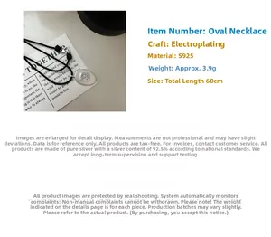Détail du collier S925 argent sterling mat ovale avec cordon 60cm et infos de poids
