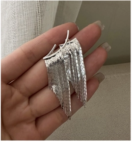 Detail of silver S925 tassel earrings showing the delicate metal chains and hook
