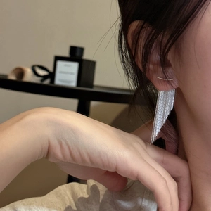 S925 sterling silver tassel earrings featuring a long layered chain fringe on a female model