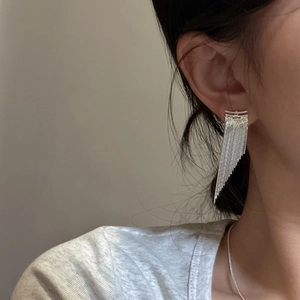 Minimalist S925 sterling silver tassel earrings with geometric triangular chain design