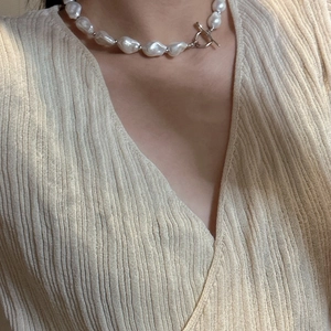 S925 silver necklace featuring large irregular baroque pearls with a stylish silver OT clasp