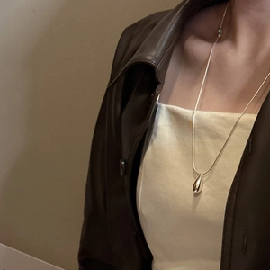 Minimalist S925 sterling silver water drop pendant necklace on a long silver chain