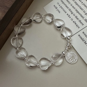 S925 Sterling Silver Heart Clear Crystal Bracelet For Women Retro Portrait Coin Pendant Elastic Minimalist Fashion Jewelry