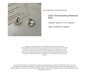 Macro detail of S925 sterling silver heart earrings with dimensions and polished finish