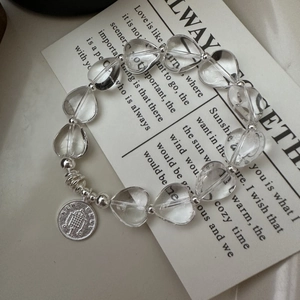 S925 sterling silver elastic bracelet with heart crystals and vintage coin pendant