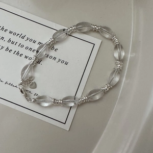 Bracelet de Perles en Cristal Blanc Argent Sterling S925 pour Femme Pendentif Coeur Géométrique Minimaliste Réglable