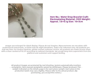 Détail du bracelet en argent S925 avec perles gouttes vertes, longueur de 16+3 cm