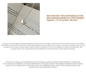Close-up of S925 sterling silver round pendant necklace with 40+5cm adjustable chain