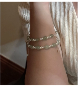 Bracelet en argent S925 fait main avec perles de pierre verte naturelle et fil métallique