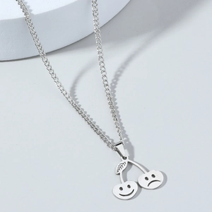 Collier Pendentif Cerise Sourire Visage Triste en Acier Inoxydable Hip Hop pour Hommes Argent Cool Street Mode Bijoux