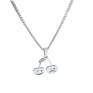 Collier hip hop en acier argenté avec pendentifs cerises souriants et pleurants uniques