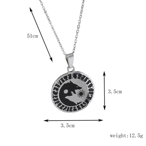 Detailed size chart of vintage stainless steel wolf pendant necklace with runic symbols