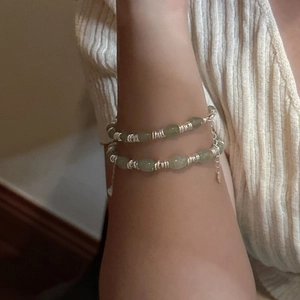 Bracelet perlé double couche en argent sterling S925 avec pierres ovales vert pâle