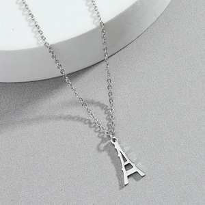Minimalist stainless steel necklace featuring a 3D Eiffel Tower pendant in silver finish