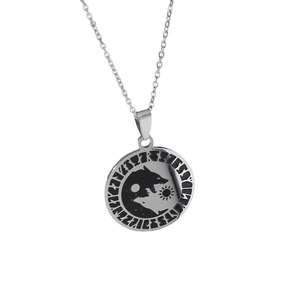 Close-up of wolf yin-yang wolf pendant with Nordic runes on stainless steel chain