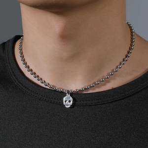 Collier En Acier Inoxydable Avec Pendentif Tête De Mort Et Yeux En Cœur Chaîne À Billes Hip Hop Punk Gothique Pour Hommes Femmes Argenté