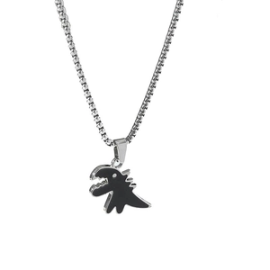 Collana minimalista in acciaio inox con ciondolo a dinosauro nero e catena di perle
