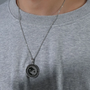 Vintage stainless steel wolf head coin pendant necklace with Nordic runes for men