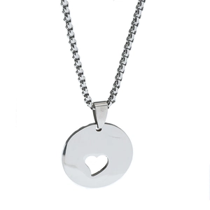 Silver minimalist stainless steel round pendant with hollow heart on a sturdy box chain