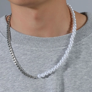 Minimalistische Herren Cuban Kette mit Perlenhälfte in modernem Mixed-Media-Design